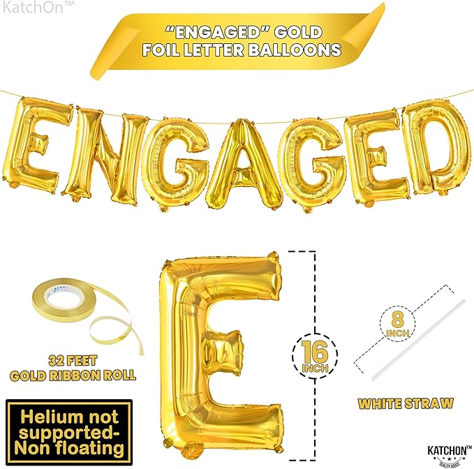 KatchOn, Gold Foil Engaged Balloons Letter - 16 Inch | Engagement Balloons for Engagement Party Decorations | Bachelorette Party Decorations | Engaged Gold Balloons for Engaged Decoration