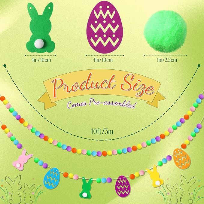 Breling 3 Pieces Easter Felt Garland 10 ft Colorful Felt Pom Pom Ball Garland Bunny Eggs Easter Banner Decorations for Mantle Fireplace Room Hanging Decor