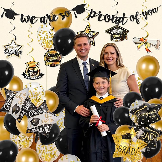 Graduation Decorations 2026,We Are So Proud of You Banner, Black and Gold Confetti Balloon,Foil Balloons, Hanging Congrats Grad Swirls for High School,College Graduation Party Supplies