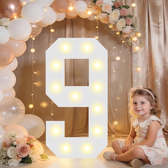 Pooqla 2.4FT Light Up Numbers, Marquee Numbers 2.4 Feet Tall Party Decor for Her Him, Mosaic Big Sign for 9th 19th 90th Birthday Anniversary Decoration Backdrop, Large Pre-Cut Frame Number 9