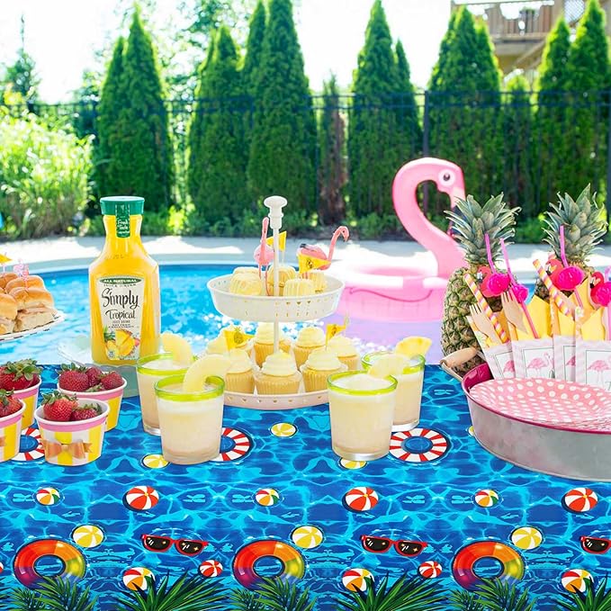 PHOGARY 3 Pieces Summer Beach Tablecloths Pool Party Table Covers Beach Ball Plastic Tablecloth Ocean Waves Tablecover for Pool Party Decorations