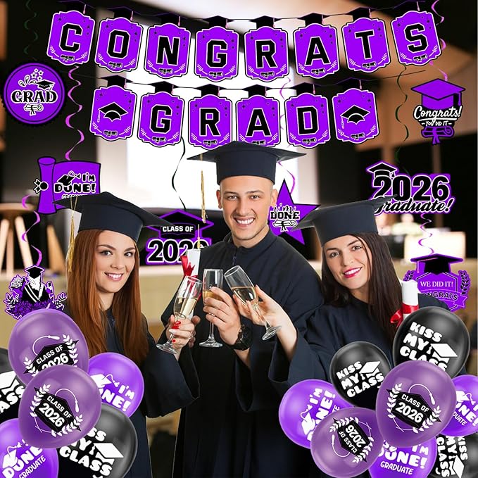 Graduation Decorations 2026 Purple Themed Set - Congrats Grad Banner, Class of 2026 Backdrop, Balloons & Streamers Kit - Complete Party Supplies for High School & College Celebrations