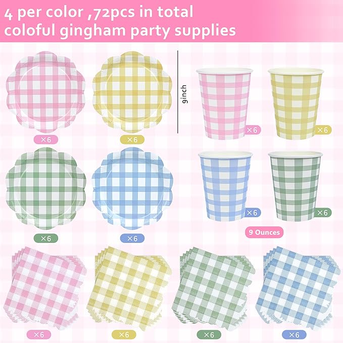 72 Pcs Gingham Party Supplies 9 Inch Easter Party Colorful Dessert Paper Plates and Napkins Disposable Scalloped Picnic Plaid Plates Napkins Cup Checkered Dinnerware Set for Easter Baby Shower Wedding