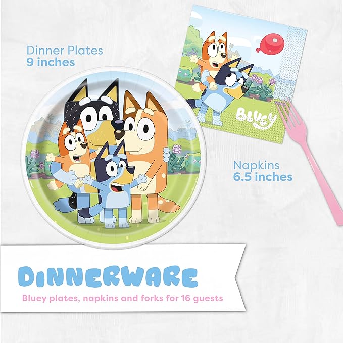 Bluey Birthday Decorations Girl Party Supplies for 16 - Bluey Party Decorations with Banner, Tablecloth, Balloons, Plates, Napkins, Forks, Sticker - Officially Licensed