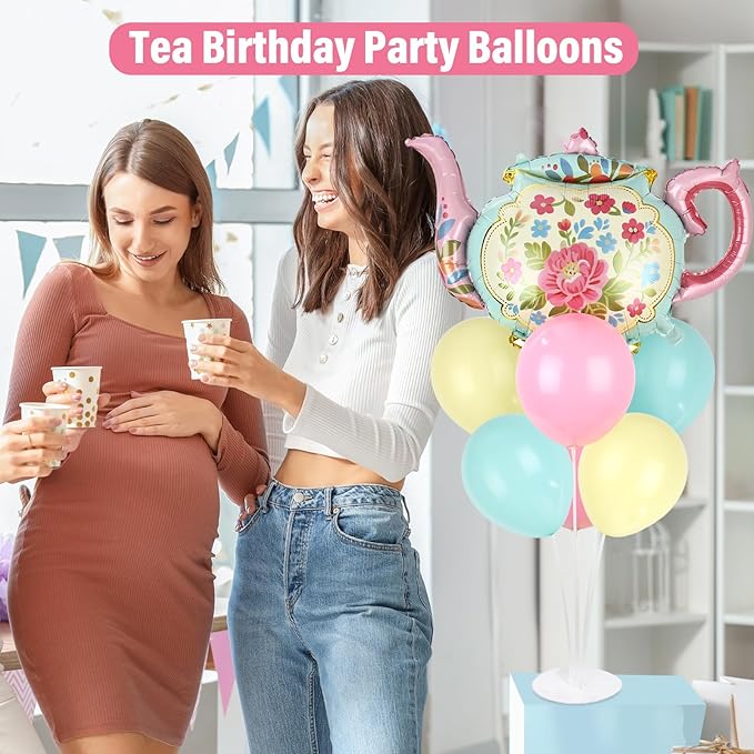 Tea Party Balloons Stand Kit 2 Sets with 2 Huge Teapot Foil Balloons Tea Garden Themed Balloon Centerpiece for Tables for Picnic Birthday Party Supplies Baby Shower Teapots Themed Decorations