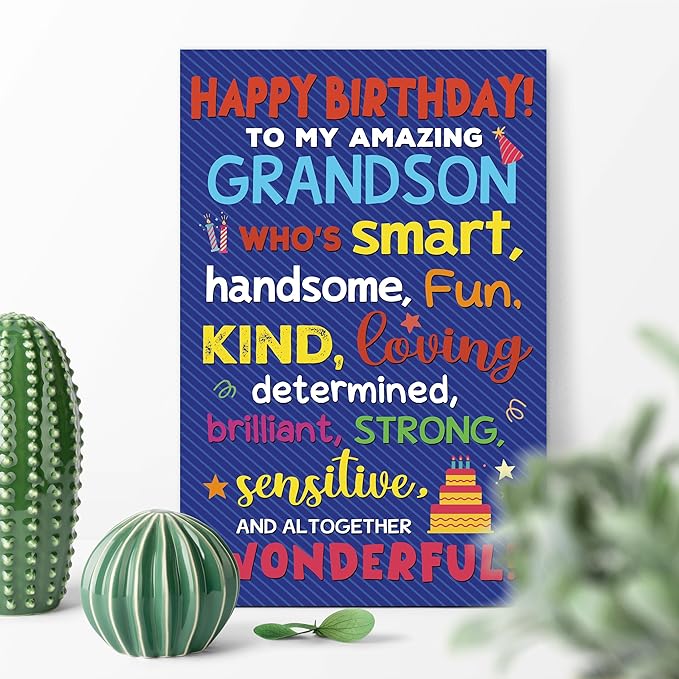 Happy Birthday Card for Grandson from Grandparents, Heartwarming Greeting with Positive Words Design, Birthday Card Gift for Grandson from Grandma or Grandpa