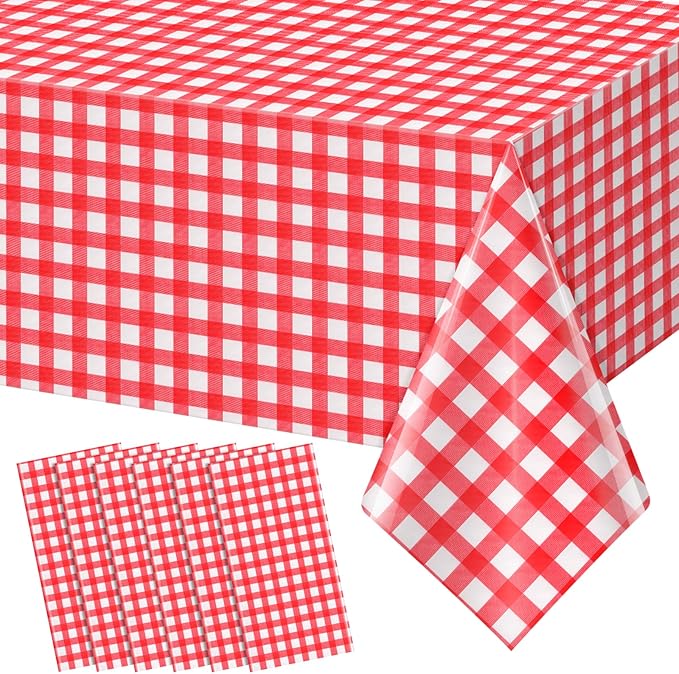 6pcs 54X108inch Red Checkered Tablecloth,Red Gingham Tablecloths Buffalo Plaid Disposable Plastic Table Covers for Birthday Baby Shower Bridal Wedding Party Birthday Decorations