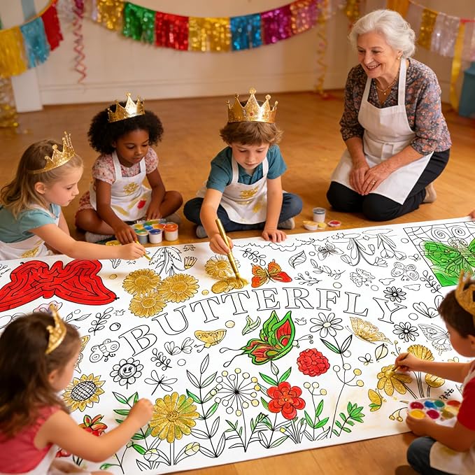 Butterfly Coloring Poster, 31 x 72 Inch Giant Flower Garden Theme Paper Coloring Tablecloth, Nature Spring Coloring Activity Table Cover, Holiday Arts Crafts Party Table Decor Supplies
