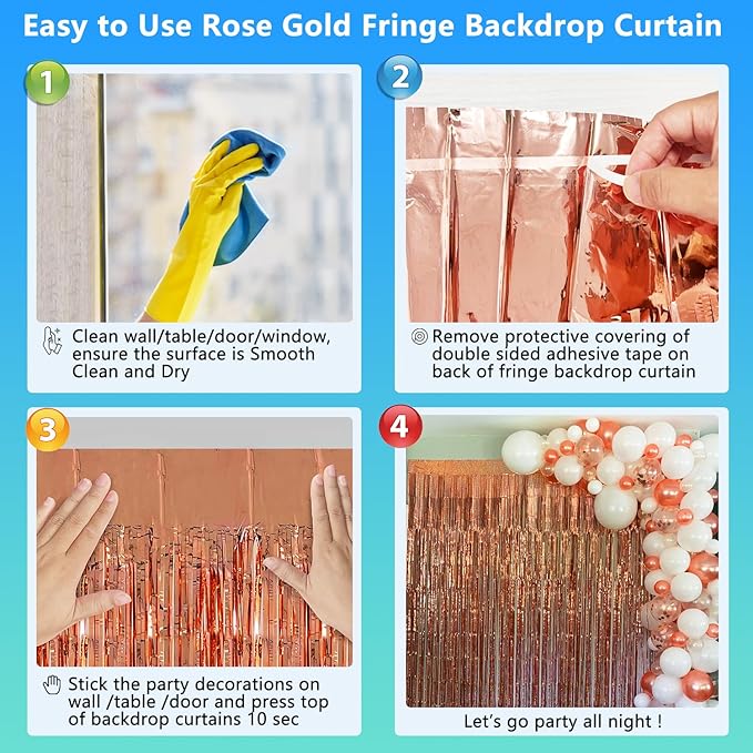 Rose Gold Birthday Party Decorations Foil Fringe Backdrop Curtain 2 Pack 3.3x8.2 Ft, Rose Gold Streamers Happy Birthday Banner Backdrop Arch Decor for Sweet 16 Women Girl Baby Shower Bridal Shower