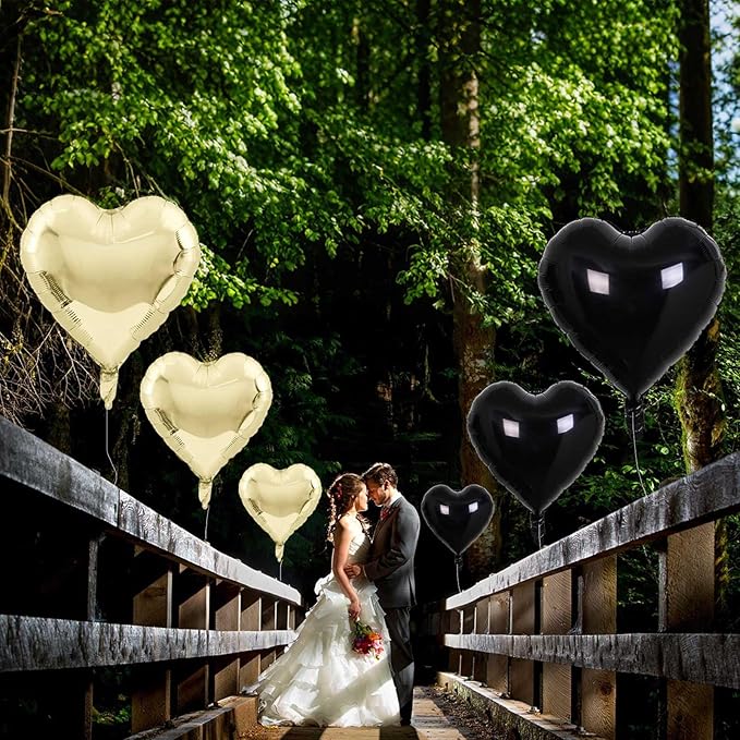 Black Gold Foil Heart Balloons, 18 Inch 10 Pcs Light Gold and Black Heart Shape Foil Balloons Pastel Yellow and Black Heart Balloons for Birthday Graduation Valentines Baby Party Anniversary