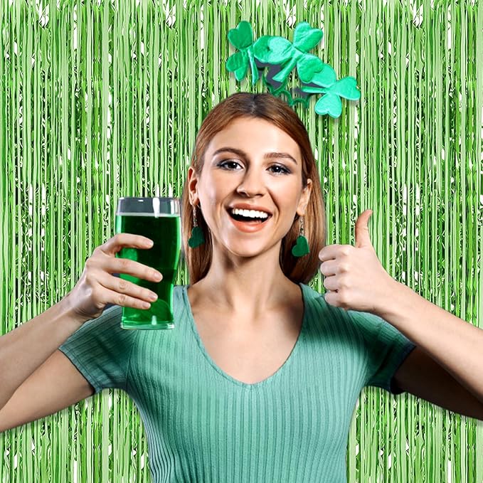 3 Pack Light Green Foil Fringe Curtain Backdrop, 3.28Ft x 6.6Ft Metallic Tinsel Foil Fringe Streamer Curtains for Photo Booth, Christmas Day, Thanksgiving, Wedding, New Year Party Decorations