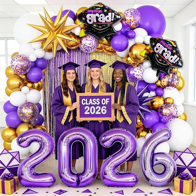 Graduation Balloons Garland Arch Kit, Graduation Balloons Class of 2026, Purple and White Gold Latex Balloon with Foil Balloon for Class of 2026 Party Decor