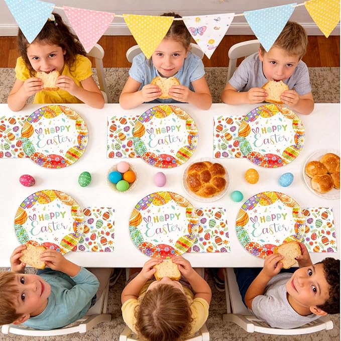 Easter Paper Plates and Napkins Set | 9 Inch Disposable Dinner Plates & Napkins for Easter Brunch, Dinner, and Party Supplies | Festive Bunny & Egg Design Tableware,Serve for 20