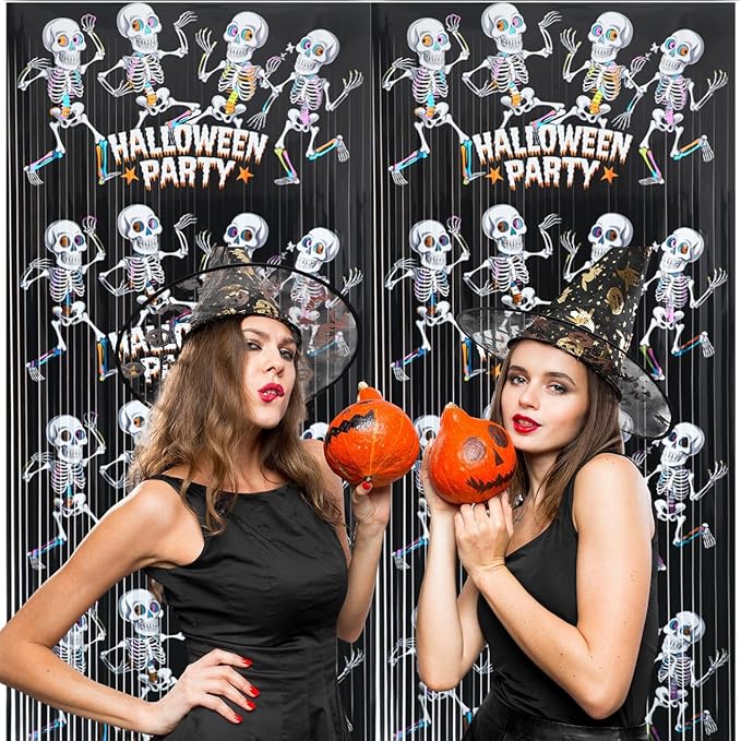 GOER Foil Curtain Backdrop for Halloween Party Decorations| Metallic Tinsel Halloween Theme Photo Booth Props (5 Pcs)