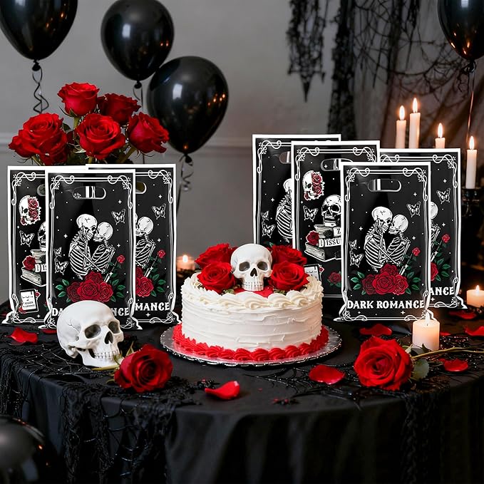 G1ngtar 50Pcs Dark Romance Book Lover Party Favor Bags - Skull Rose Black Gothic Aesthetic Goodie Candy Treat Gifts Waterproof Plastic Bags for Kids Birthday Party Decoration Supplies