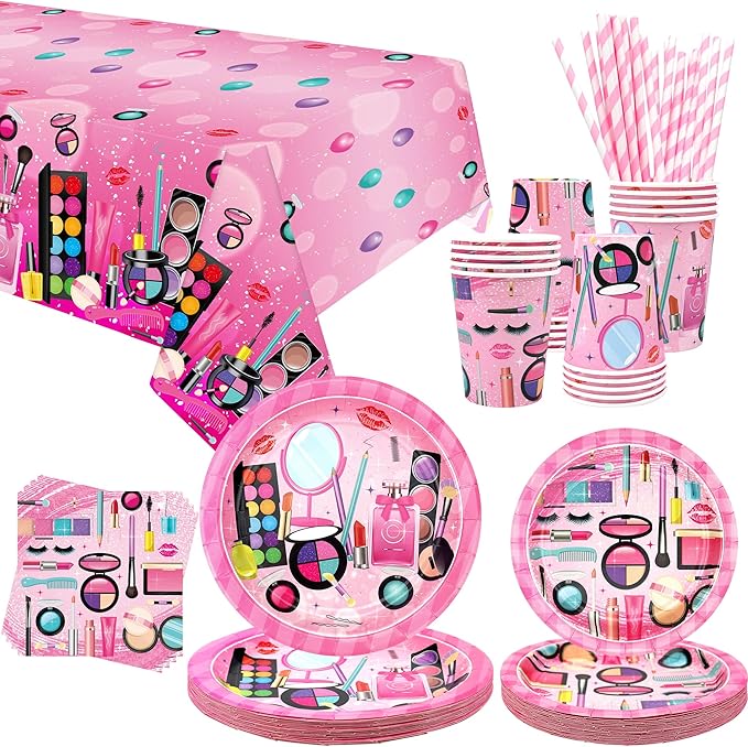 Spa Party Supplies - Makeup Theme Party Tableware - Dinner Plates Desserts Plates Cups Napkins Spa Makeup Tablecover Straws for Girls Women Slumber Pamper Spa Birthday Party Decoration, Serves 20 (20)