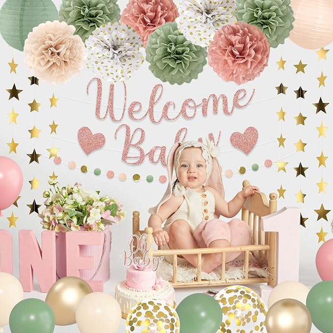 Amandir Girl Baby Shower Decorations Pink Sage Green Balloons Welcome Baby Banner, Cake Topper, Paper Lanterns, Pom Poms Flowers Tassels, Circle Dots Star Garland Gender Reveal Birthday Party Supplies