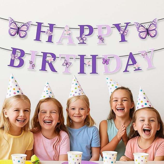 Butterfly Happy Birthday Banner, Pre-Strung Birthday Signs Banners, Birthday&Colorful Party Decorations for Girls, Boys, Women, Adults, Pets, Photo Backdrop & Wall Decor for All Celebrations