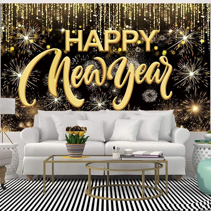 Happy New Year Hanging Extra Large Fabric Sign Poster Background Banner with Firework Pattern for New Year Party Decorations