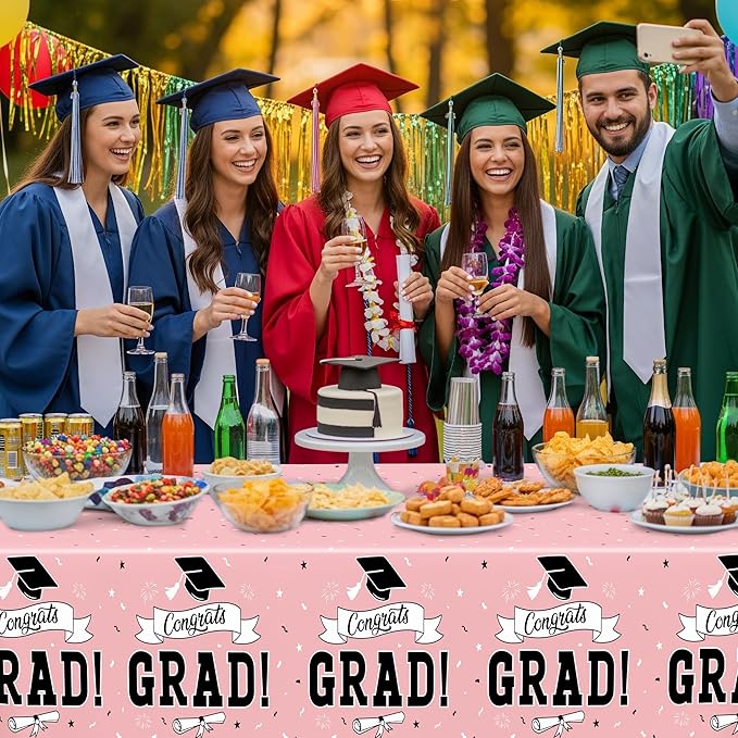QZYL 2 PCS Graduation Tablecloth, 108" X 54" Pink Graduation Decorations 2026, Disposable Plastic Tablecover for Class of 2026 Congrats Grad, Rectangle Table Cloths for Grad Decor Party Supplies