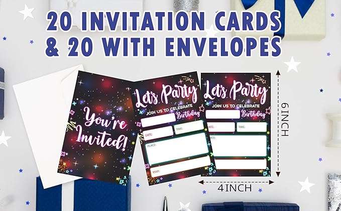 CLIRBE Let's Party Birthday Party Invitations, Glow Neon Invited Birthday Invitations For Teen Boys Girls, 20 Invites Cards With 20 Envelopes, Party Supplies Favors -H16