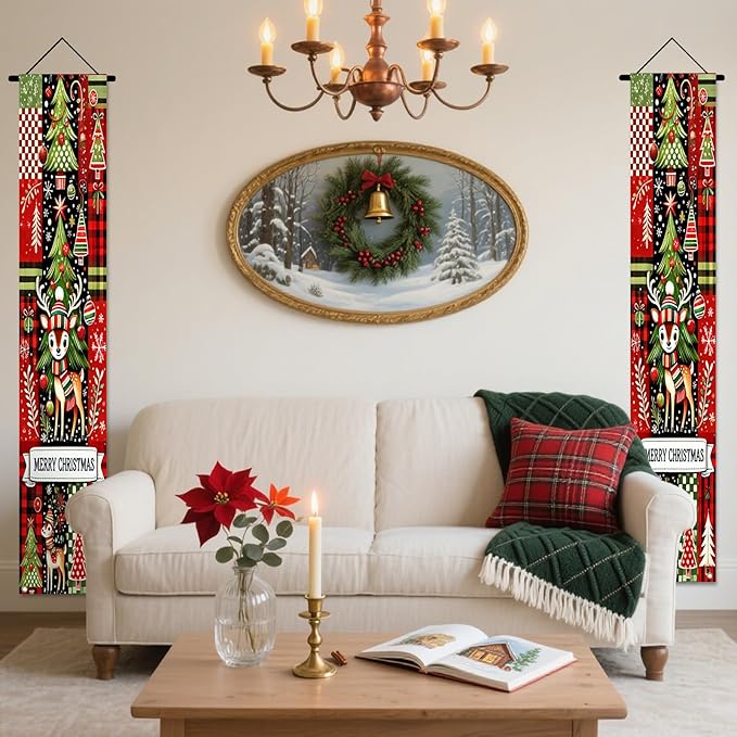 Nuxovilar Christmas Decorations Outdoor Yard Front Porch Sign Set, Red Black Plaid Christmas Tree Reindeer Door Banners for Front Door, Hanging Xmas Decor for Home Indoor Outdoor Wall Yard