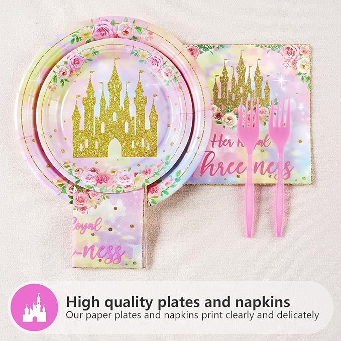 96 Pcs Princess 3rd Birthday Party Supplies Her Royal Threeness Party Plates and Napkins Watercolor Pastel Rainbow Castle Party Decorations for Girls Princess Three Years old Birthday Party Serves 24