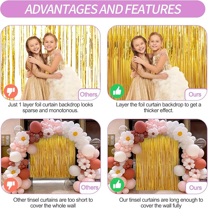 2 Pack Gold Foil Fringe Curtains Streamers Party Decorations 3.3 x 8.2 ft, Gold Tinsel Curtain Fringe Backdrop for Parties, Door Fringe Birthday Streamers, Photo Booth Backdrops, Party Decor
