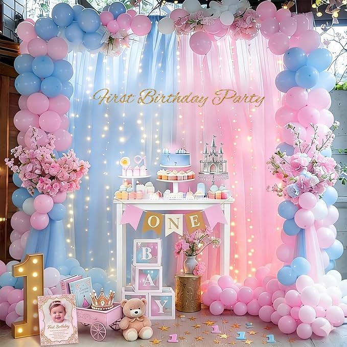 Pink Blue Sheer Backdrop Curtains with Lights String for Baby Shower Decor 10×8FT Backdrop Curtain for Parties Boy or Girl Birthday Party Wedding Gender Reveal Baby Shower Decoration (2 Panels 4×10ft)