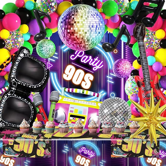 JOGAMS 80s 90s Party Decorations 165Pcs Balloons with Retro Inflatable Guitar Microphone Glasses Music Note Disco Ball Balloons for Back to 90s 80s Hip Hop Rock Theme Birthday Prom Party