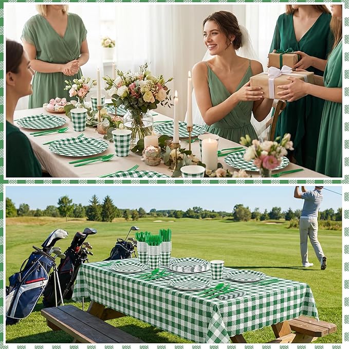 175 Pcs Gingham Party Supplies Include Green Gingham Plates and Napkins Cups Plastic Cutlery Disposable Green Checkered Plates Set for St Patricks Day, Picnic, Baby Shower, Golf Party