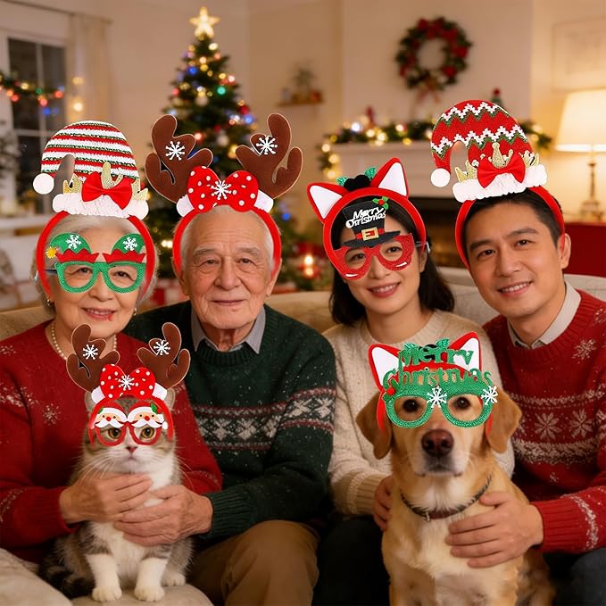 18 Pcs Christmas Glasses Glitter Headbands Hats Set, Hair Hoop Eyewear Eyeglasses Frame Santa Hat Photo Props for Adults Christmas Party Favors Holiday Photos Booth