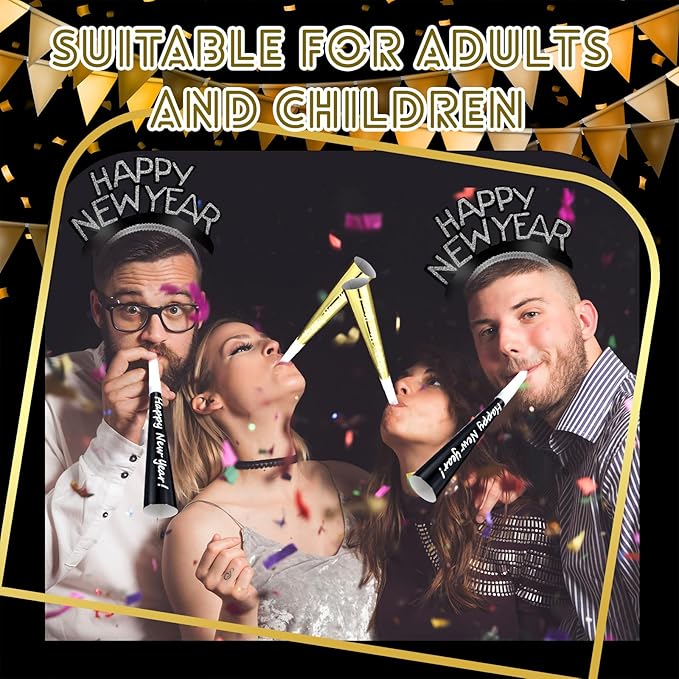 Shappy 24 Pcs 2026 New Year Party Supplies Happy New Year Headband Horn Sounder Noisemakers Eve Party Decorations