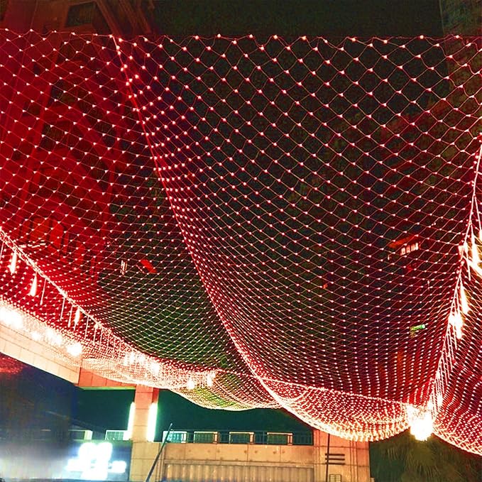 LJLNION Valentines Net Lights, 360 LED 12ft x 5ft Connectable Mesh Fairy String Lights, 8 Lighting Mode, Low Voltage Adaptor for Christmas Trees Bush Wedding Outdoor Holiday Garden Decorations, Red