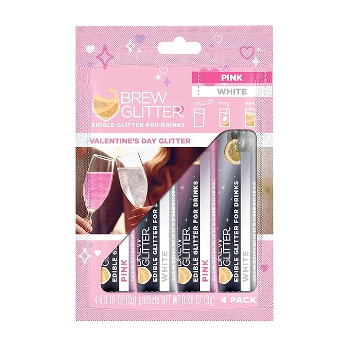 Brew Glitter Valentine's Day Combo Pack (Pink and White) Edible Drink Glitter 4 x 2g Packets for Cocktails, Beer, Wine & Beverages