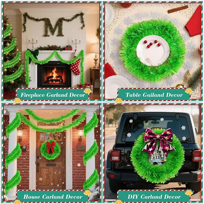 33FT Christmas Tinsel Garland Lime Green Metallic Hanging Twisted Garland for Christmas Tree Fireplace Mantle Xmas Party Home Decoration