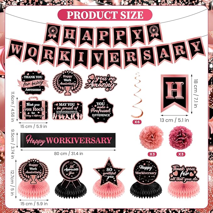 Happy Work Anniversary Decorations Rose Gold Happy Workiversary Banner Honeycomb Centerpieces Hanging Swirls Tissue Paper Pompoms Sash Set for Women Office Employee Worker Appreciation Party Supplies
