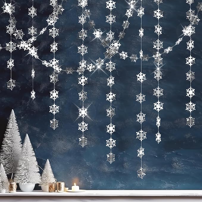 GCQQ Snowflake Garlands - 52Ft Silver Christmas Snowflake Hanging Garland 2" Winter Wonderland Paper Garland for Classroom Wall Office New Year Xmas Tree Frozen Christmas Birthday Party Decoration