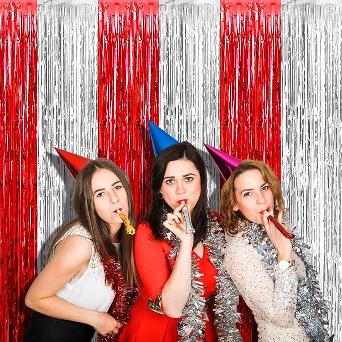 4 Pack 3.2Ft x 6.6Ft Silver Red Foil Fringe Curtain Backdrop, Metallic Tinsel Foil Fringe Streamers Curtains Background for Wedding, Circus Welcome Carnival Birthday Party Decoration New