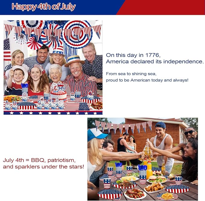 4th/Fourth of July Patriotic Decorations Set Stars and Stripes Old Glory Banner American Flag Hanging Paper Fans Cake Toppers Plates Tableware Tablecloth for USA Independence Day Party Decor Supplies