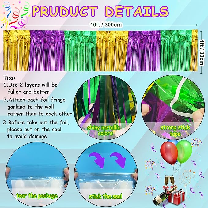 4 Packs Total 39 Ft Mardi Gras Parade Floats for Trailer Car, Green Gold Purple Foil Fringe Garland Tinsel Streamers Banner Table Skirts for Halloween Graduation Homecoming Birthday Party Decor