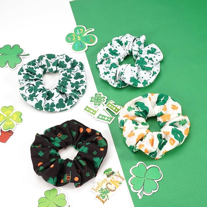 St Patrick's Day Hair Ties for Women Girls Lucky Green Shamrock Hair Scrunchies Irish Elastics Hair Bands Scrunchy Ropes Hair Accessories 4PCS