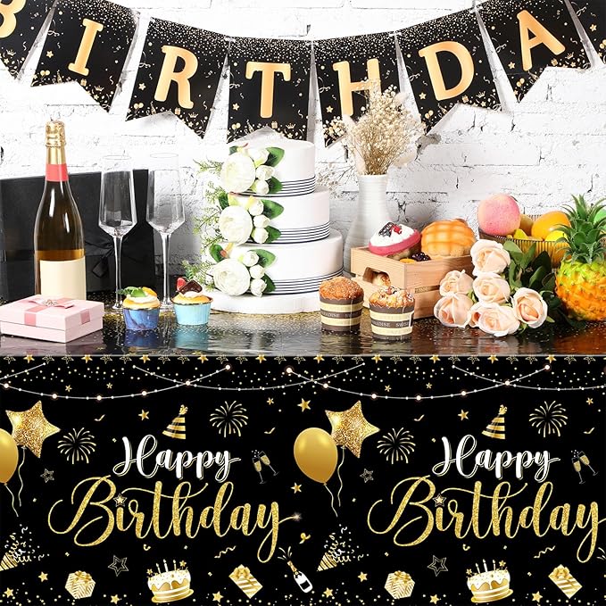 Tudomro 6 Pcs Happy Birthday Tablecloths Happy Birthday Party Decorations Plastic Table Cover Rectangular Cloths for Women Men Baby Shower Party Supplies, 108 x 54 Inch (Black Gold)