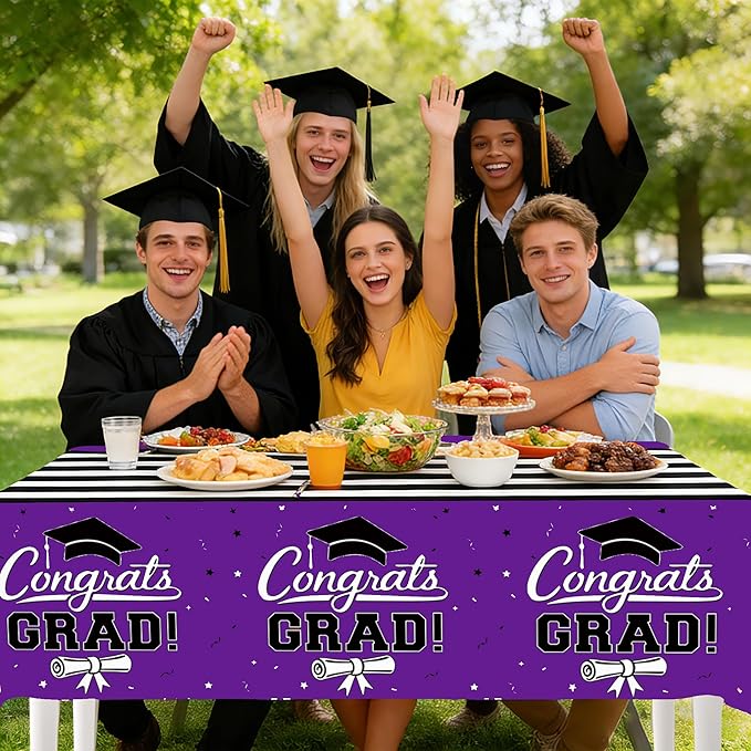 7-Pack Graduation Party Decorations Set, 3 Purple Graduation Tablecloths 54x108in, 2026 and Grad Balloons, 2 Foil Fringe Curtains for High School College Graduation Party Photo Booth