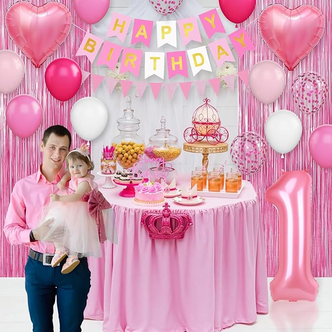 1st Birthday Decorations for Girls,Hot Pink Birthday Balloons with Happy Birthday Banner Fringe Curtain Heart Foil Balloons for 1 Year Old Kids Birthday Decor
