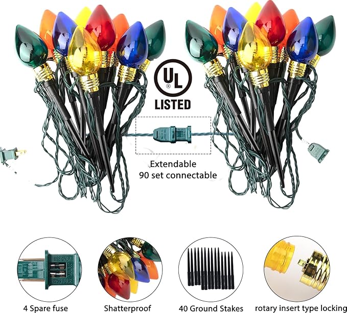 Brightown 4 Pack C9 Christmas Pathway Lights Outdoor, Total 69.6 Ft 40 C9 Pathway Lights, Waterproof Connectable Christmas Walkway Light for Yard Ground Sidewalk Driveway