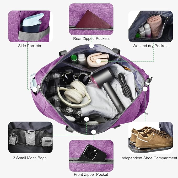 Felipe Varela Carry on luaggage Airlines Approved, Foldable Carry on Bag Travel Duffel Bags Overnight weekender Gym Duffle Carry Bag with Wet Pocket & Shoe Compartment for Women Men (Purple, 40L)