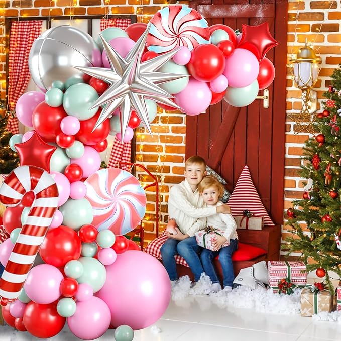 Christmas Balloon Garland Arch Kit, 107PCS Red Pink Green Balloons Arch with 4D Silver Balloon, Xmas Candy Cane Windmill Silver Explosion Star Foil Balloons for Christmas New Year Party Supply