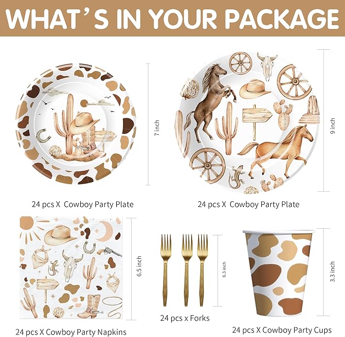 APOWBLS Western Cowboy Party Decorations Dinnerware - Wild West Party Supplies, Paper Plate, Cup, Napkin, Fork, Western Cowboy Rodeo Theme Birthday Baby Shower Decorations Tableware | Serve 24 Guests