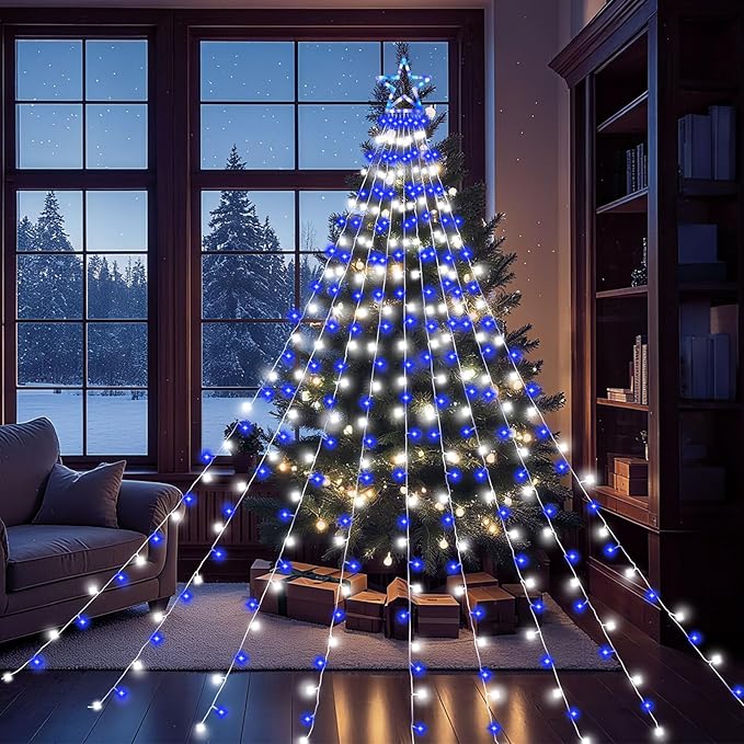 Christmas Decorations Outdoor,11.5 ft 317 LED Star Christmas Tree Lights,8 Memory Lighting Modes&Timer Star Light for Yard,Wedding,Party, Decorations(Blue+White)